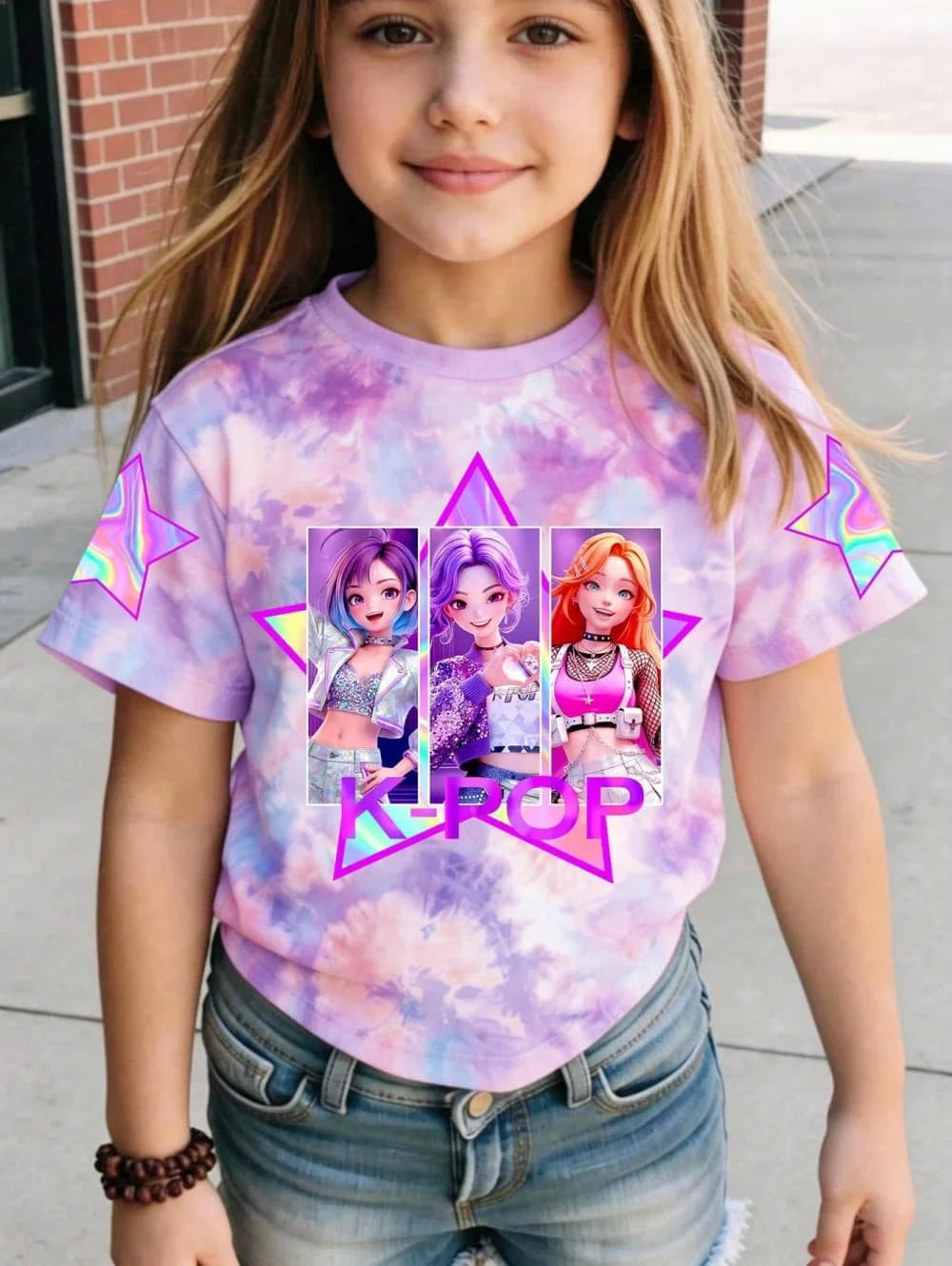 Kpop Cartoon Graphic Girls T-Shirt Casual Round-Neck T-Shirt Suitable for Girls Kids Gift Short Sleeve Tops Children's Clothing