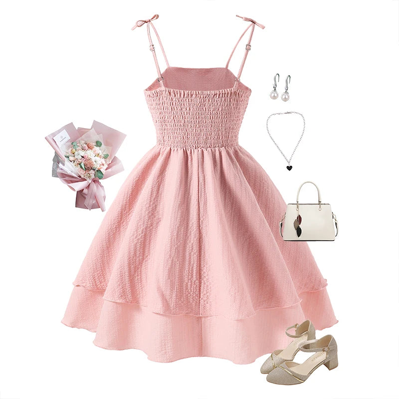 Kids Set Solid Pink Tiered Sling Princess Dress Sweet Style Tween Girls Dress Birthday Party Dating Clothes