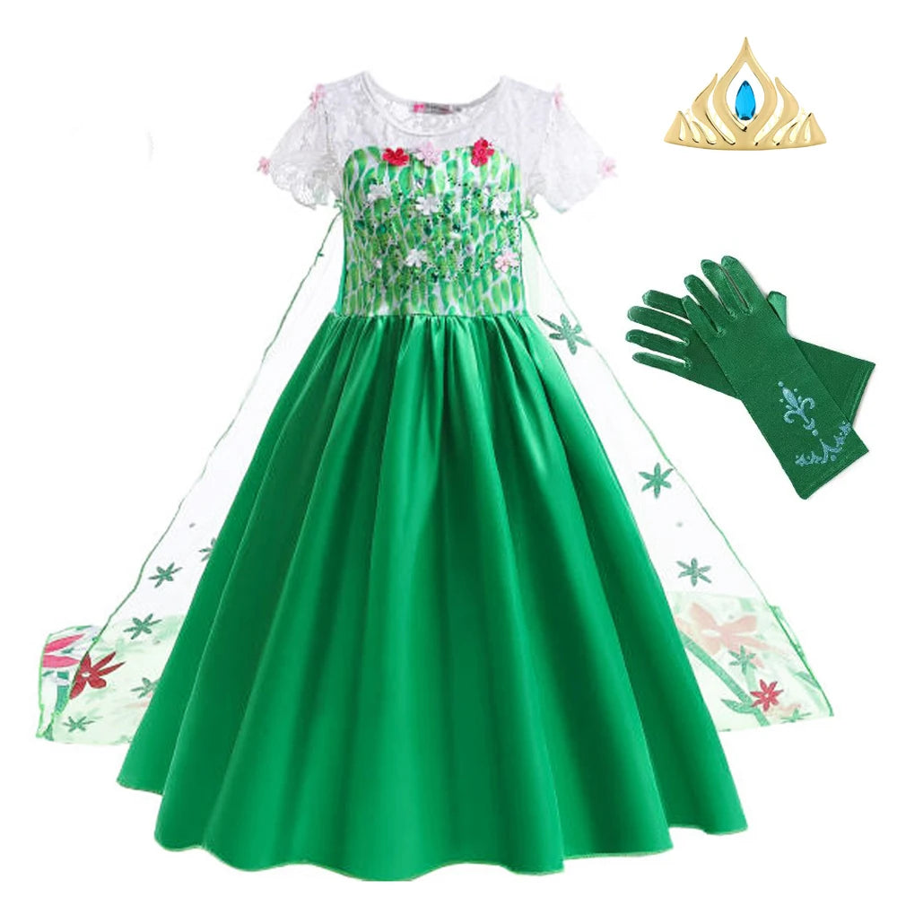 Elsa Costume for Girls Green Fancy Birthday Party Gown Kids Cosplay Princess Dress Carnival Party Children Dresses