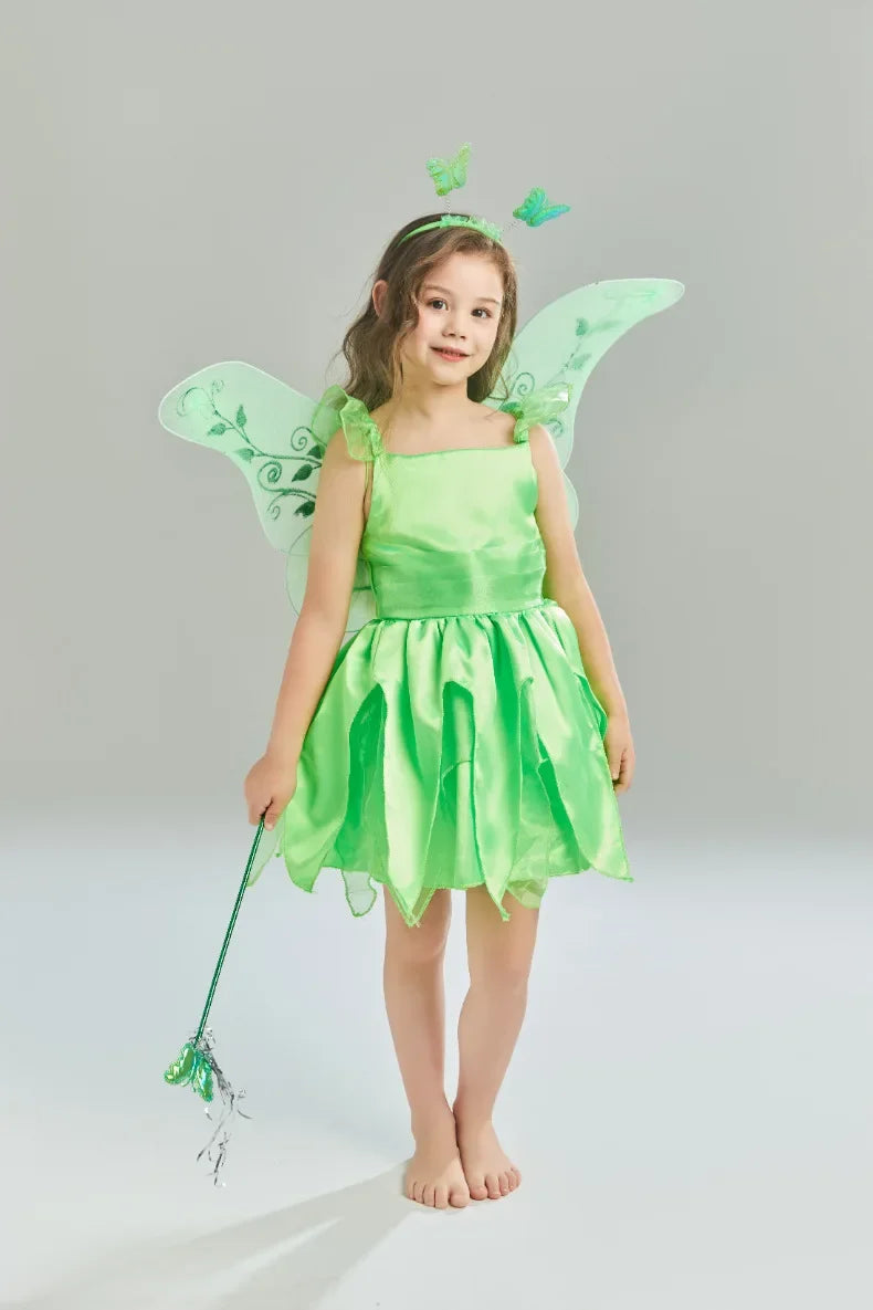 Girls Party Dresses Fairy Green Costume for Girl Tinkerbell Children Clothing Princess Elf Birthday Ball Gown Wing Dresses