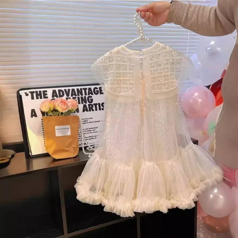 New 2024 Girls Princess Dress Casual Spring Summer Children's Wear Korean Pearl Neck Princess Dress Fashion Yarn Dress