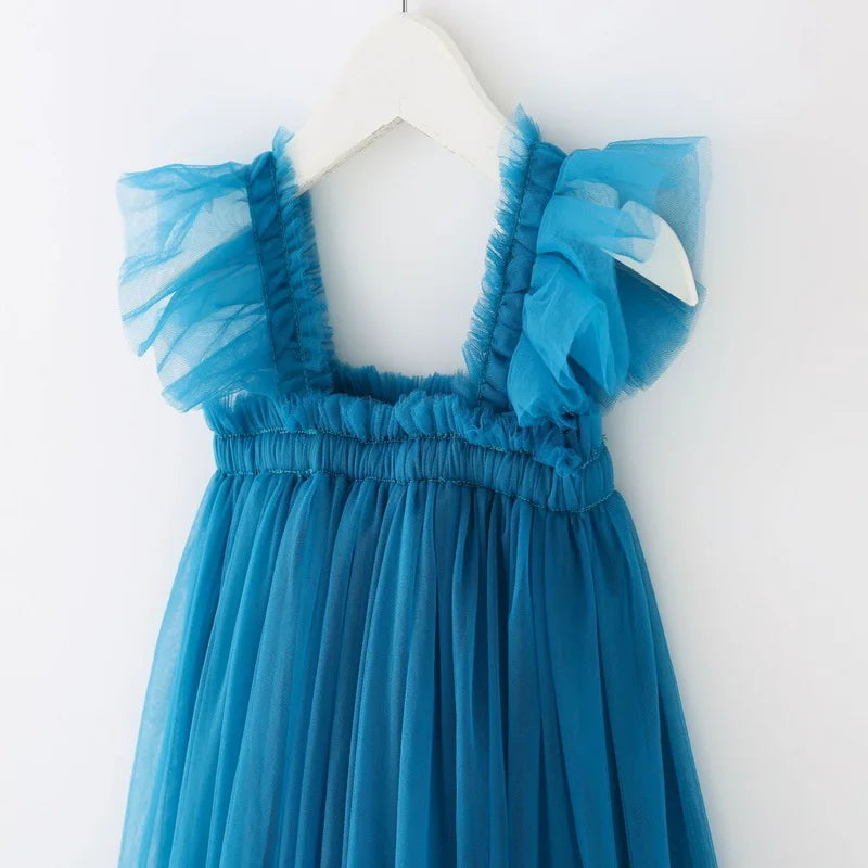 Summer Dress for Baby Girl Sling Sleeveless Square Collar Yellow Purple Pink Blue Green Mesh Princess Dress Child Clothing E2200