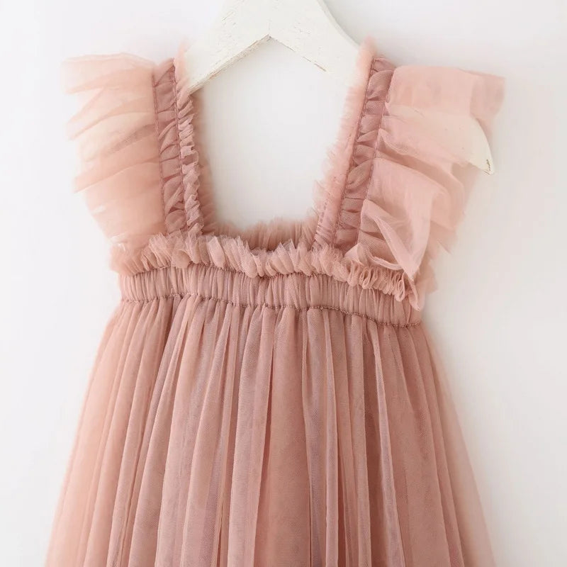 Summer Dress for Baby Girl Sling Sleeveless Square Collar Yellow Purple Pink Blue Green Mesh Princess Dress Child Clothing E2200
