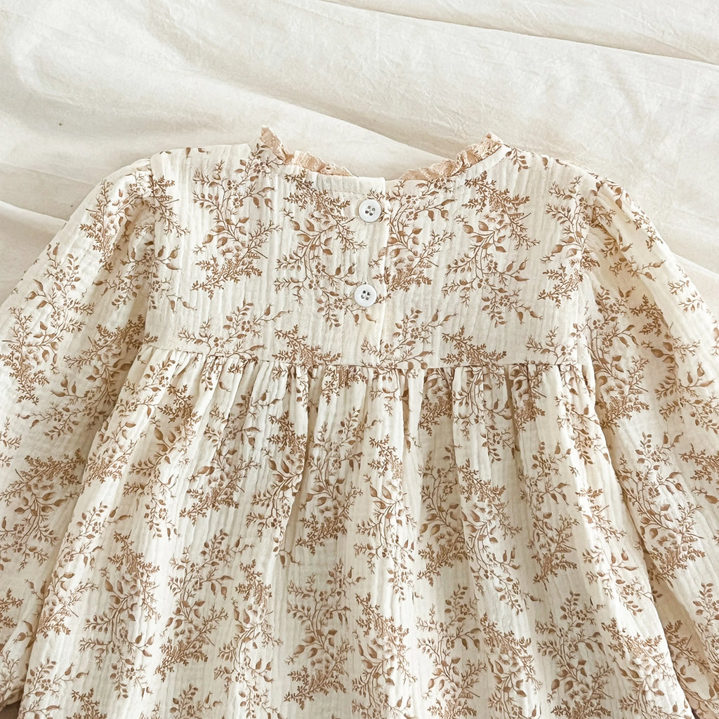1-6Yrs Girls' Dress Floral Print Lace Girls' Cotton Dress 2025 Autumn New Flower Long Sleeved Sweet Children's Princess Dress