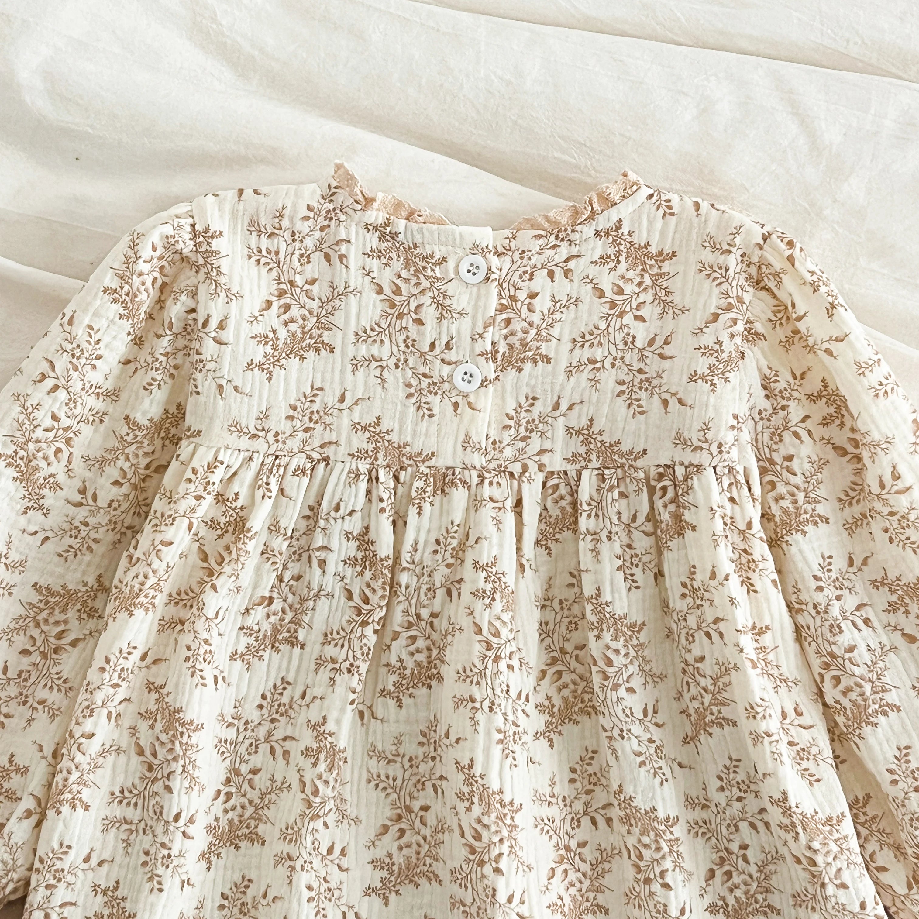 1-6Yrs Girls' Dress Floral Print Lace Girls' Cotton Dress 2025 Autumn New Flower Long Sleeved Sweet Children's Princess Dress