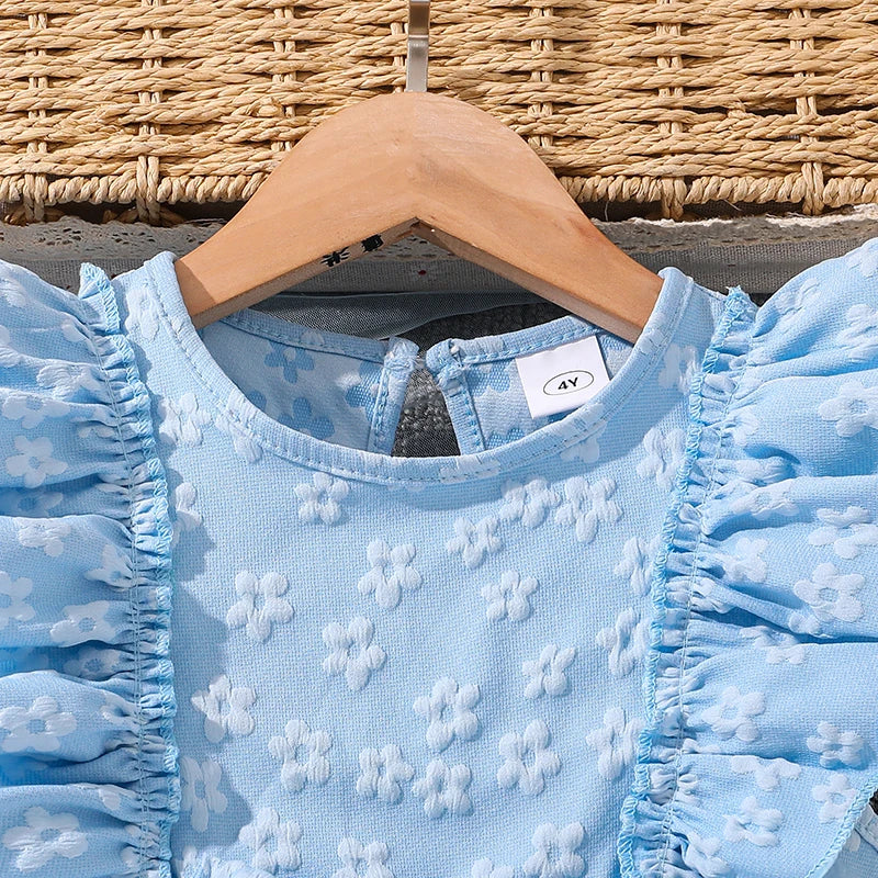 Kids Princess Dress For Girls O-Neck Wing-Sleeve Bowknot Floral Print Embroidery 4-7 Years Summer Sweet Birthday Party Clothing