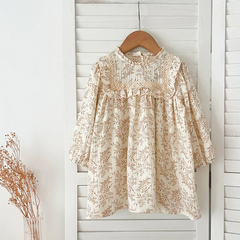 1-6Yrs Girls' Dress Floral Print Lace Girls' Cotton Dress 2025 Autumn New Flower Long Sleeved Sweet Children's Princess Dress