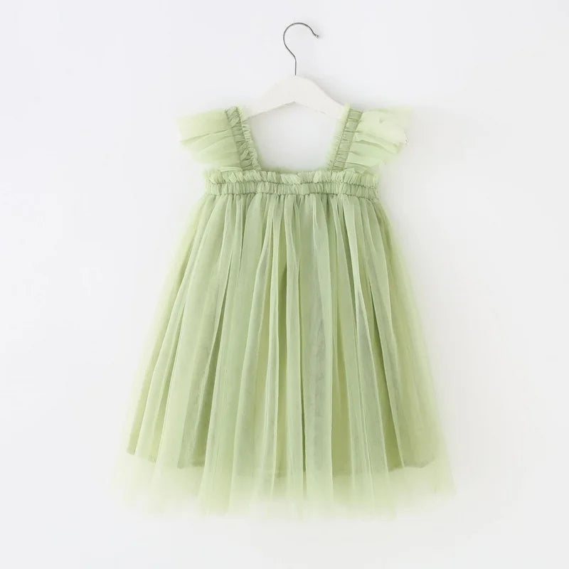 Summer Dress for Baby Girl Sling Sleeveless Square Collar Yellow Purple Pink Blue Green Mesh Princess Dress Child Clothing E2200