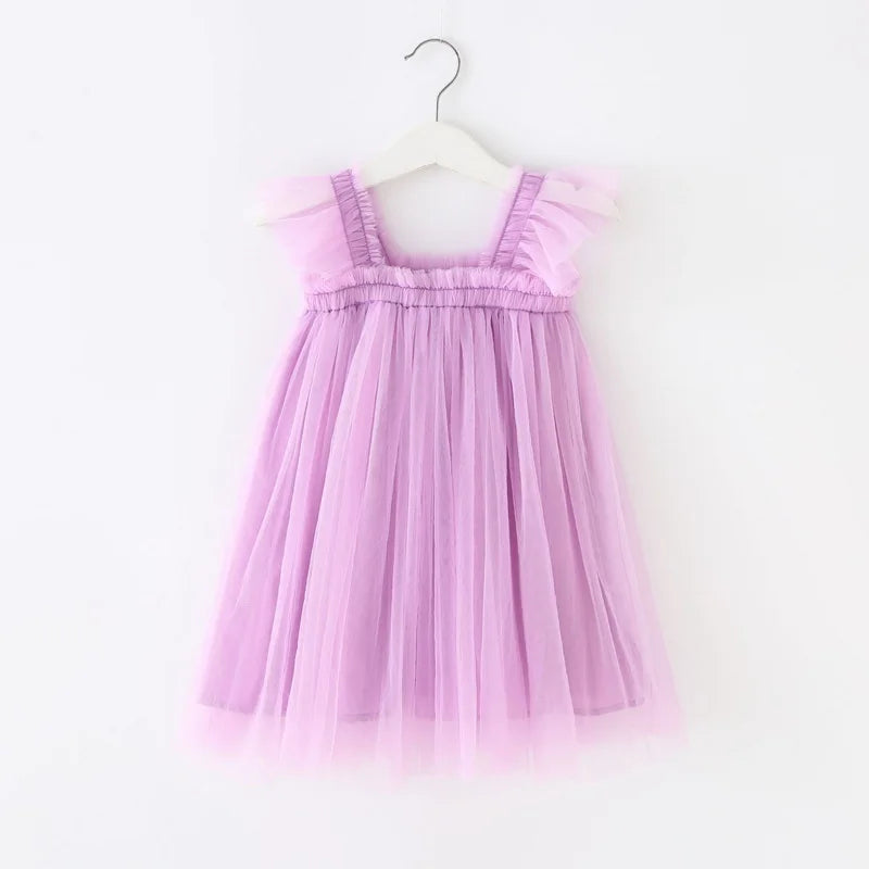 Summer Dress for Baby Girl Sling Sleeveless Square Collar Yellow Purple Pink Blue Green Mesh Princess Dress Child Clothing E2200