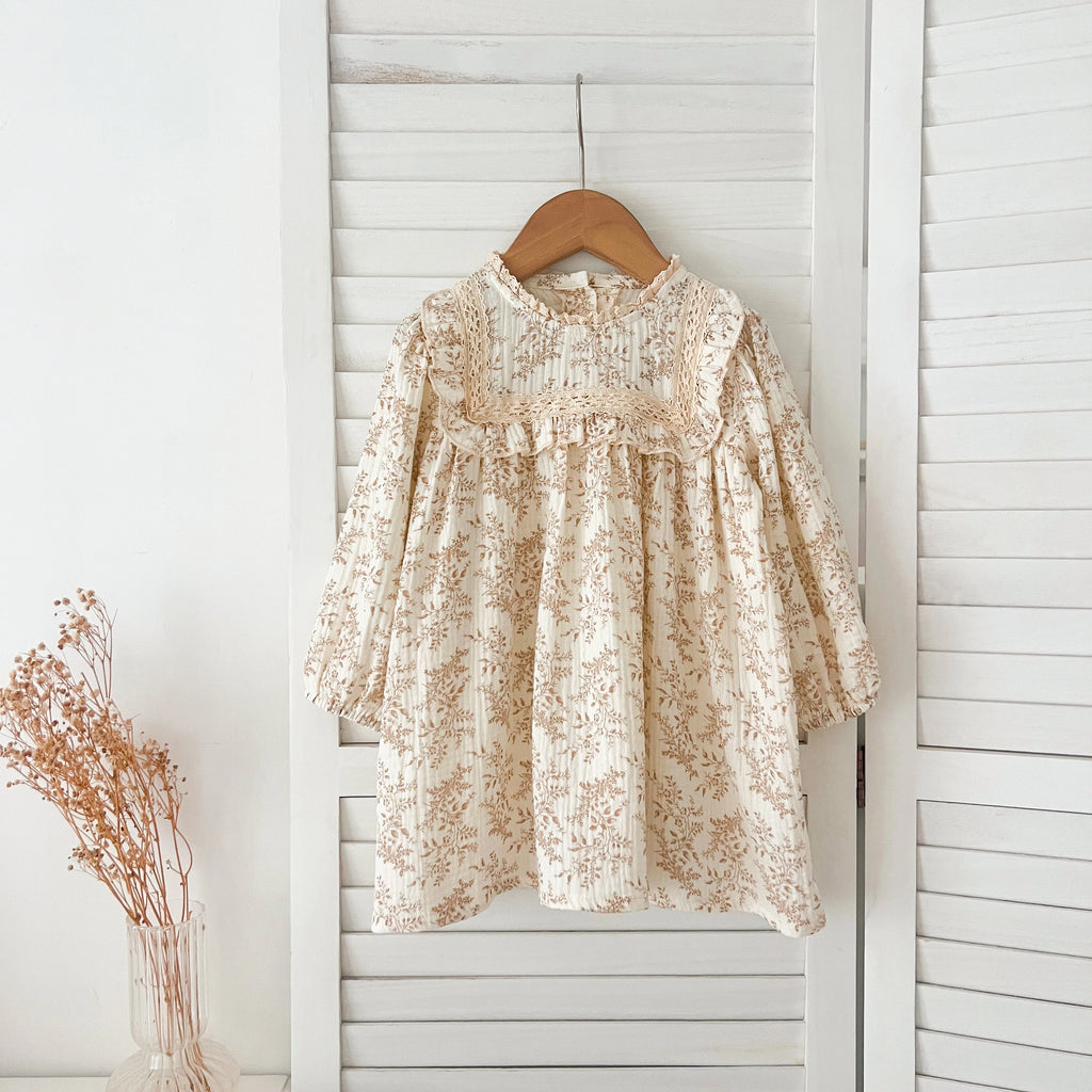 1-6Yrs Girls' Dress Floral Print Lace Girls' Cotton Dress 2025 Autumn New Flower Long Sleeved Sweet Children's Princess Dress