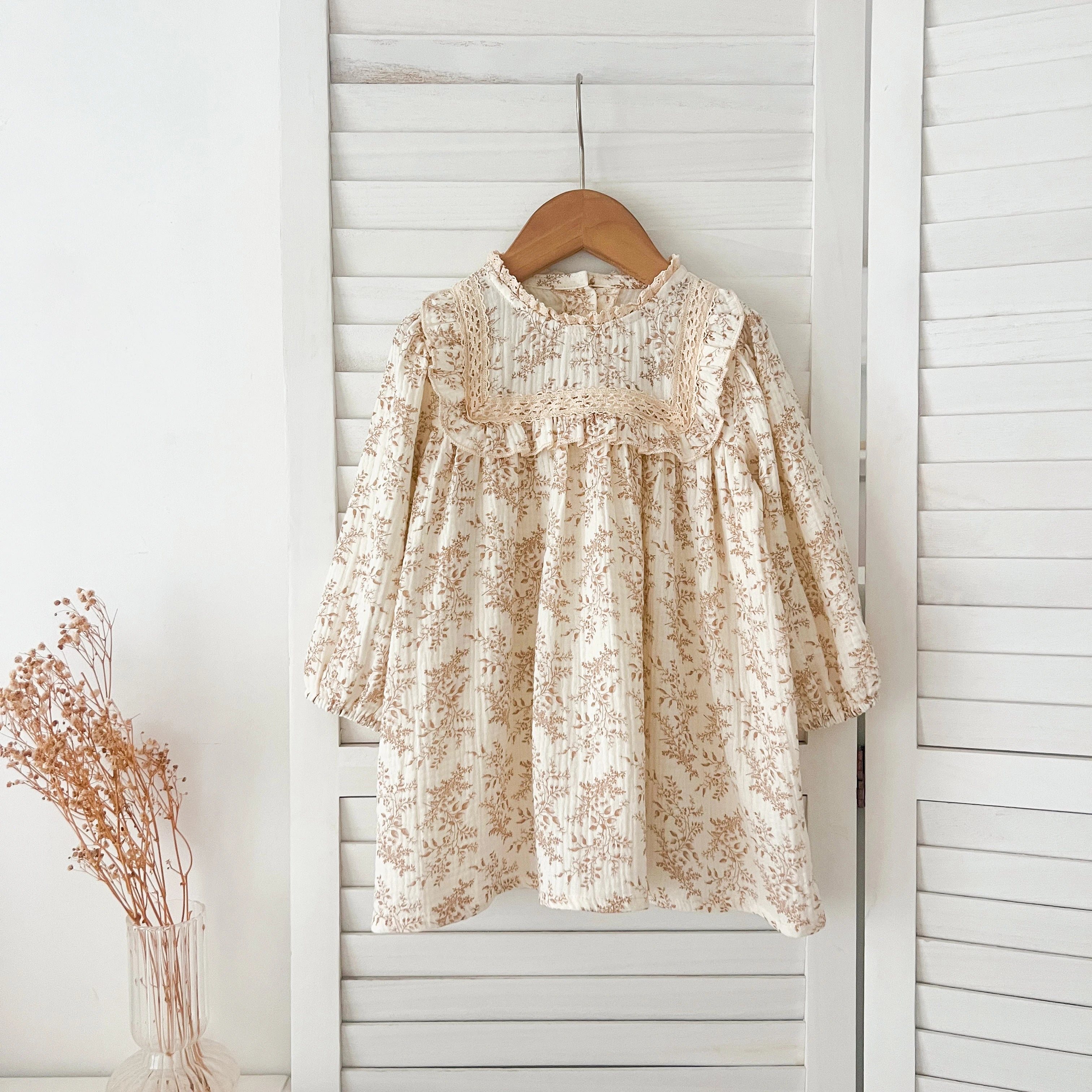 1-6Yrs Girls' Dress Floral Print Lace Girls' Cotton Dress 2025 Autumn New Flower Long Sleeved Sweet Children's Princess Dress