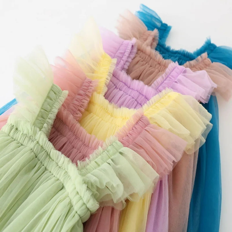 Summer Dress for Baby Girl Sling Sleeveless Square Collar Yellow Purple Pink Blue Green Mesh Princess Dress Child Clothing E2200