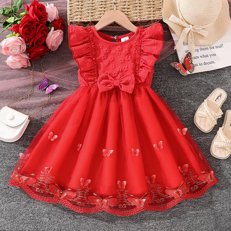 Kids Princess Dress For Girls O-Neck Wing-Sleeve Bowknot Floral Print Embroidery 4-7 Years Summer Sweet Birthday Party Clothing