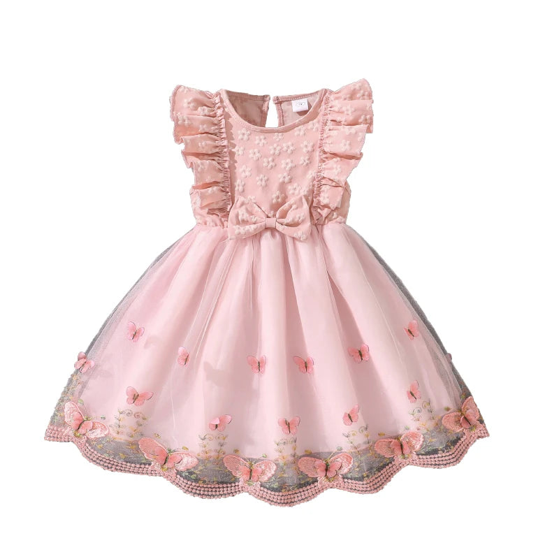 Kids Princess Dress For Girls O-Neck Wing-Sleeve Bowknot Floral Print Embroidery 4-7 Years Summer Sweet Birthday Party Clothing