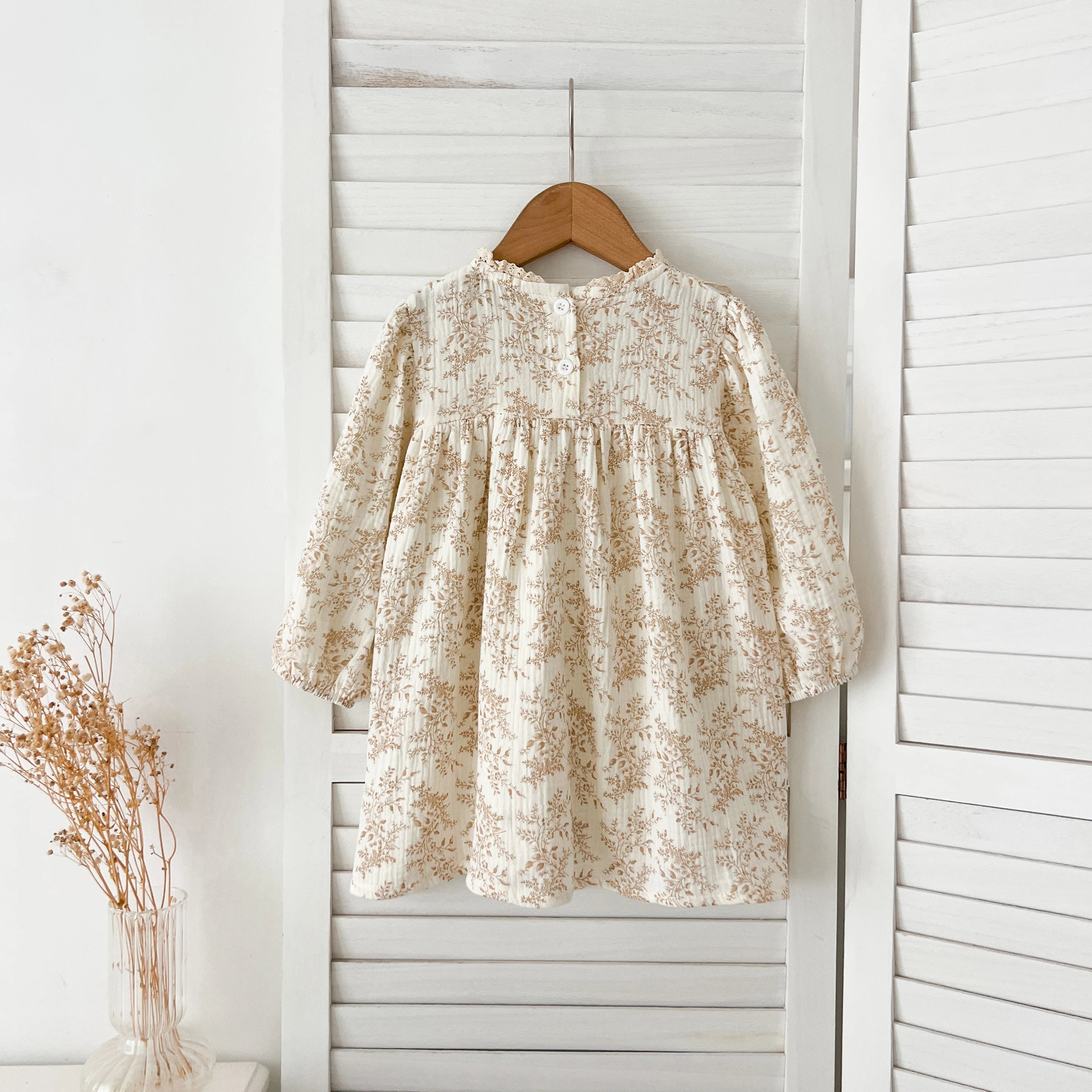 1-6Yrs Girls' Dress Floral Print Lace Girls' Cotton Dress 2025 Autumn New Flower Long Sleeved Sweet Children's Princess Dress
