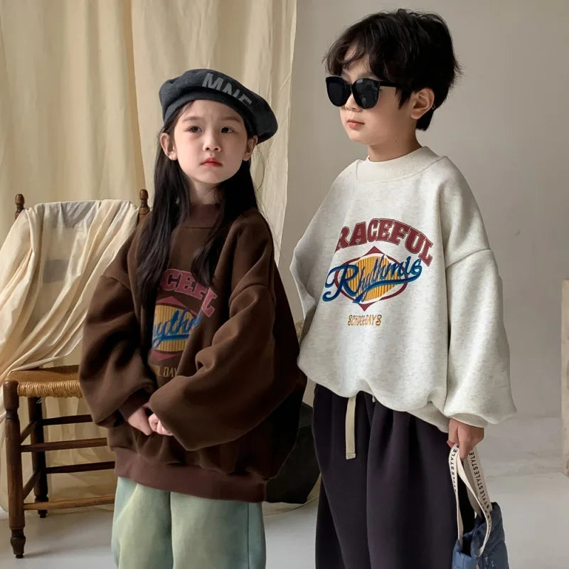 2025 Children Clothing Autumn Winter Baby Boys Girls Fleece Sweatshirt New Kids Letter Print O-Neck Tops Kids Warm Pullover