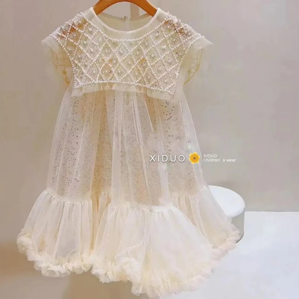 New 2024 Girls Princess Dress Casual Spring Summer Children's Wear Korean Pearl Neck Princess Dress Fashion Yarn Dress