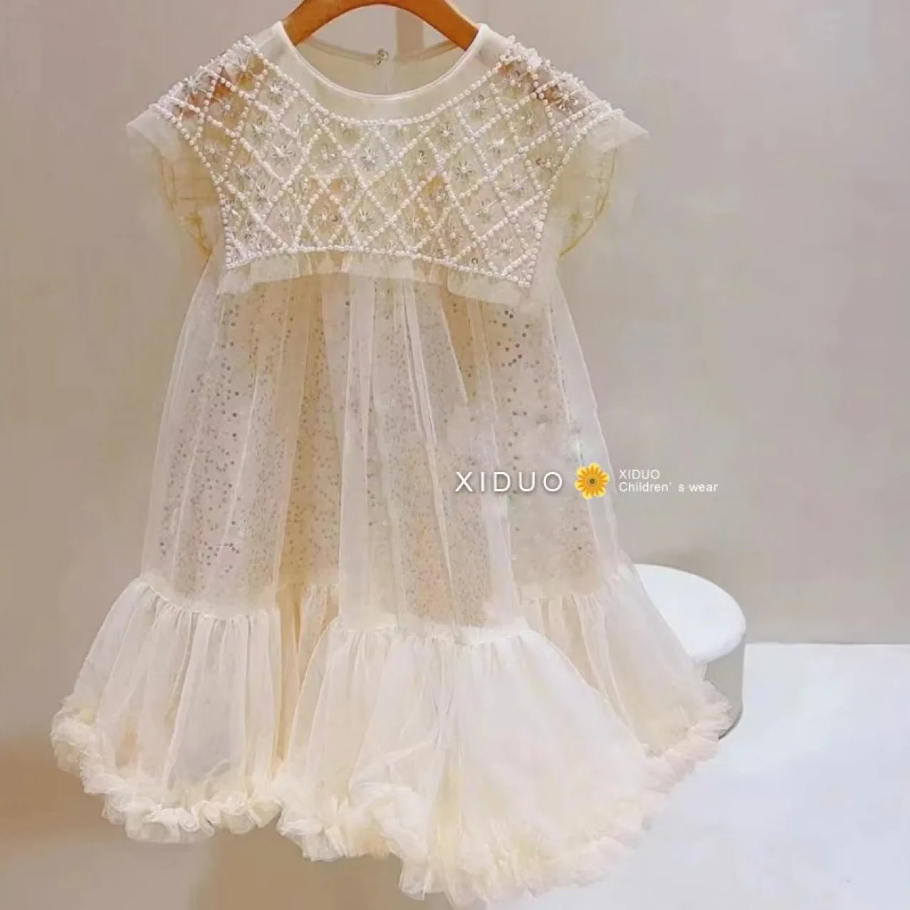 New 2024 Girls Princess Dress Casual Spring Summer Children's Wear Korean Pearl Neck Princess Dress Fashion Yarn Dress