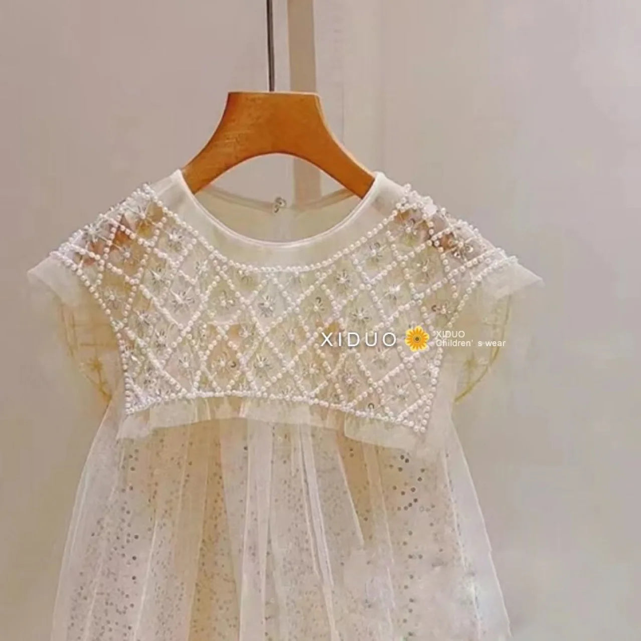 New 2024 Girls Princess Dress Casual Spring Summer Children's Wear Korean Pearl Neck Princess Dress Fashion Yarn Dress