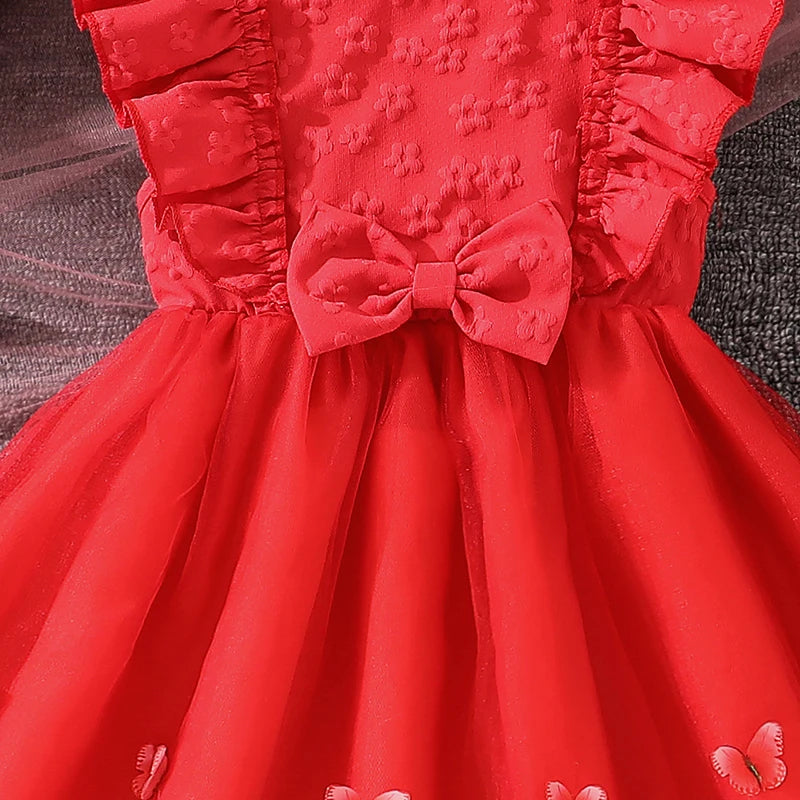 Kids Princess Dress For Girls O-Neck Wing-Sleeve Bowknot Floral Print Embroidery 4-7 Years Summer Sweet Birthday Party Clothing