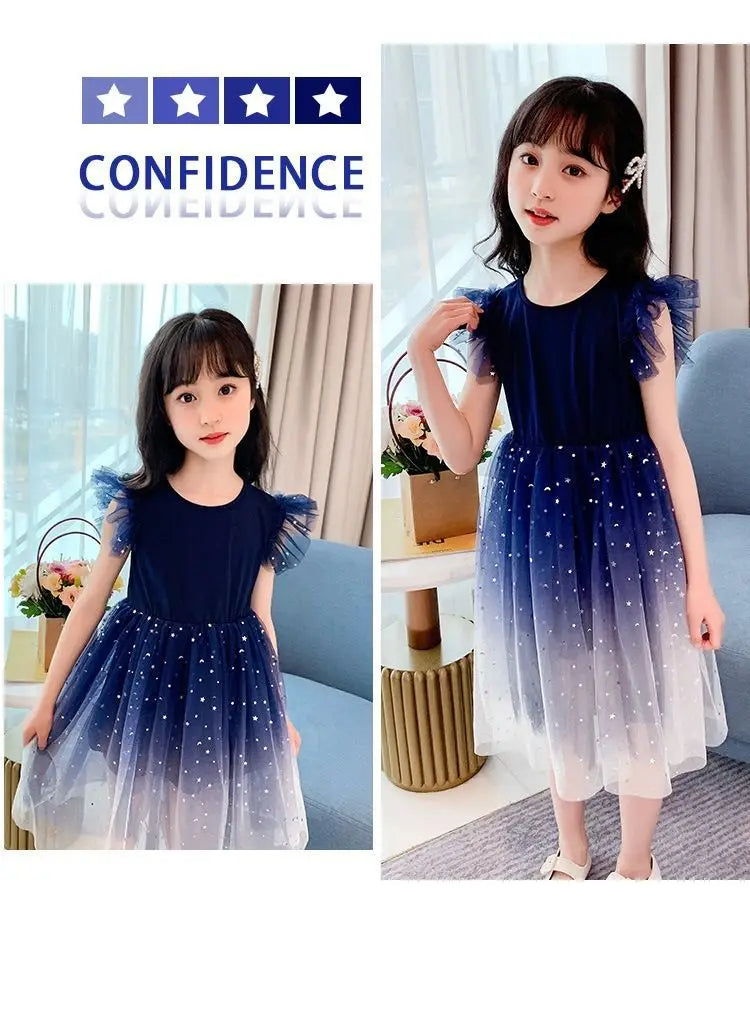 Summer Sleeveless Fashion Gauze Dress Girls Starry Sky Gradient Princess Dress New Years Children's Birthday Party Present