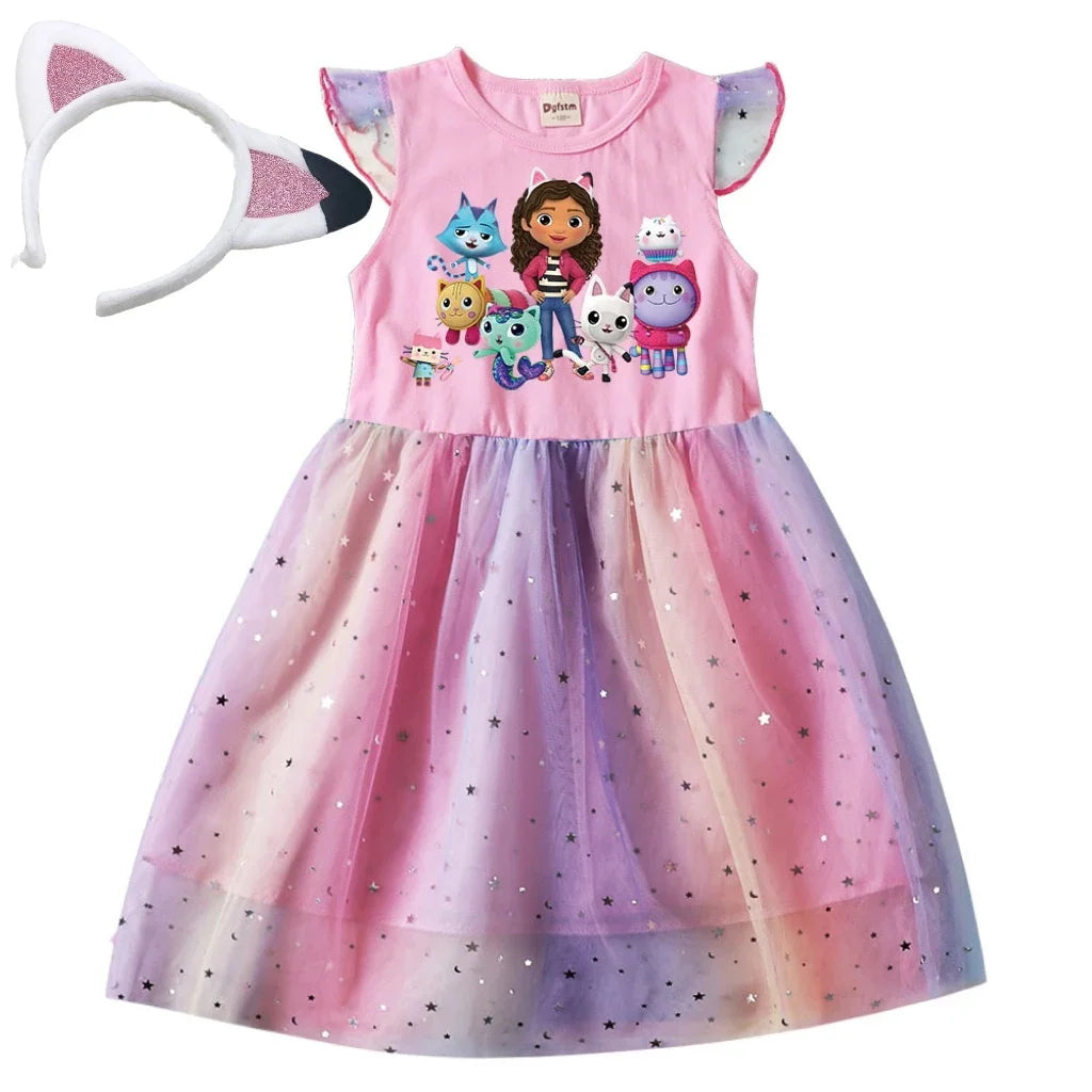 Kids Cats Princess Dress Summer Casual Girls Sequins Rainbow Mesh Dress Children Carnival Wedding Birthday Gifts Party Dress