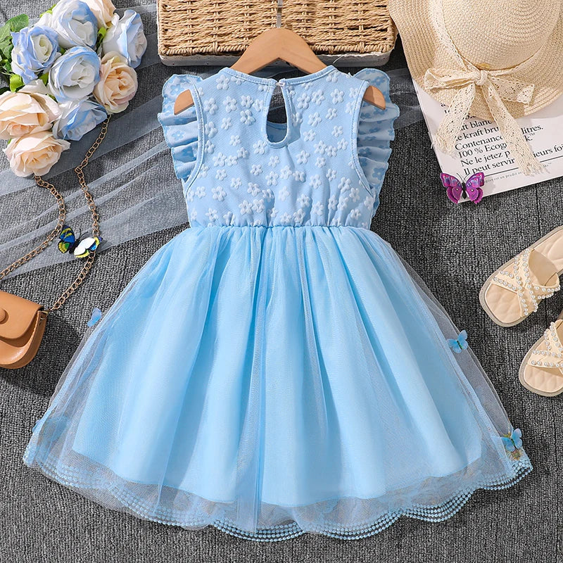 Kids Princess Dress For Girls O-Neck Wing-Sleeve Bowknot Floral Print Embroidery 4-7 Years Summer Sweet Birthday Party Clothing
