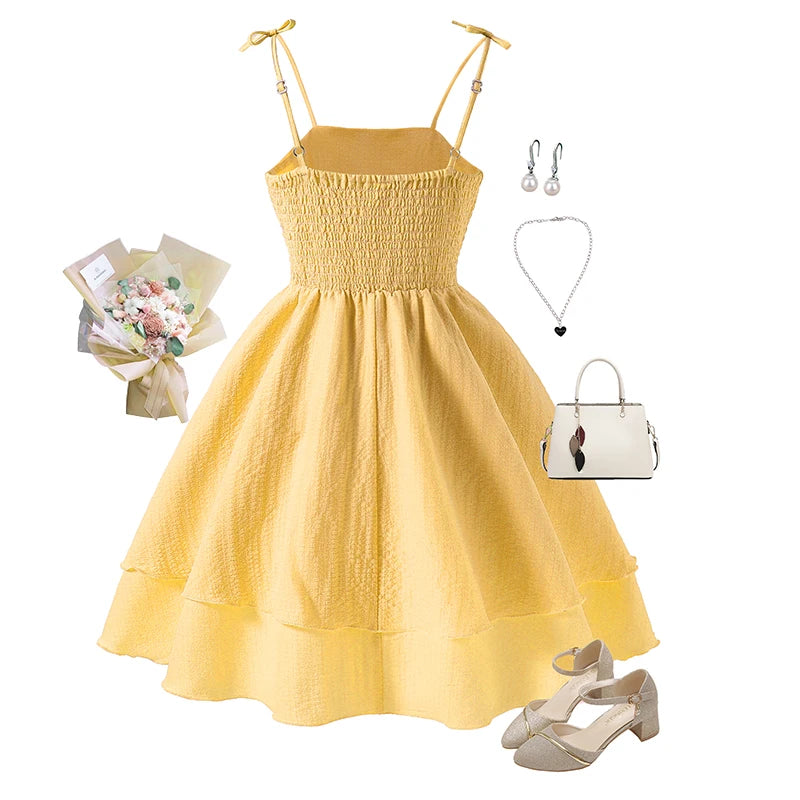 Kids Set Solid Pink Tiered Sling Princess Dress Sweet Style Tween Girls Dress Birthday Party Dating Clothes