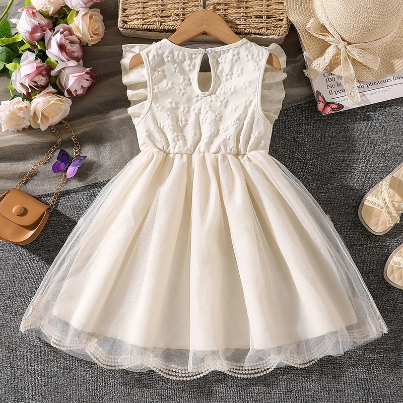 Kids Princess Dress For Girls O-Neck Wing-Sleeve Bowknot Floral Print Embroidery 4-7 Years Summer Sweet Birthday Party Clothing