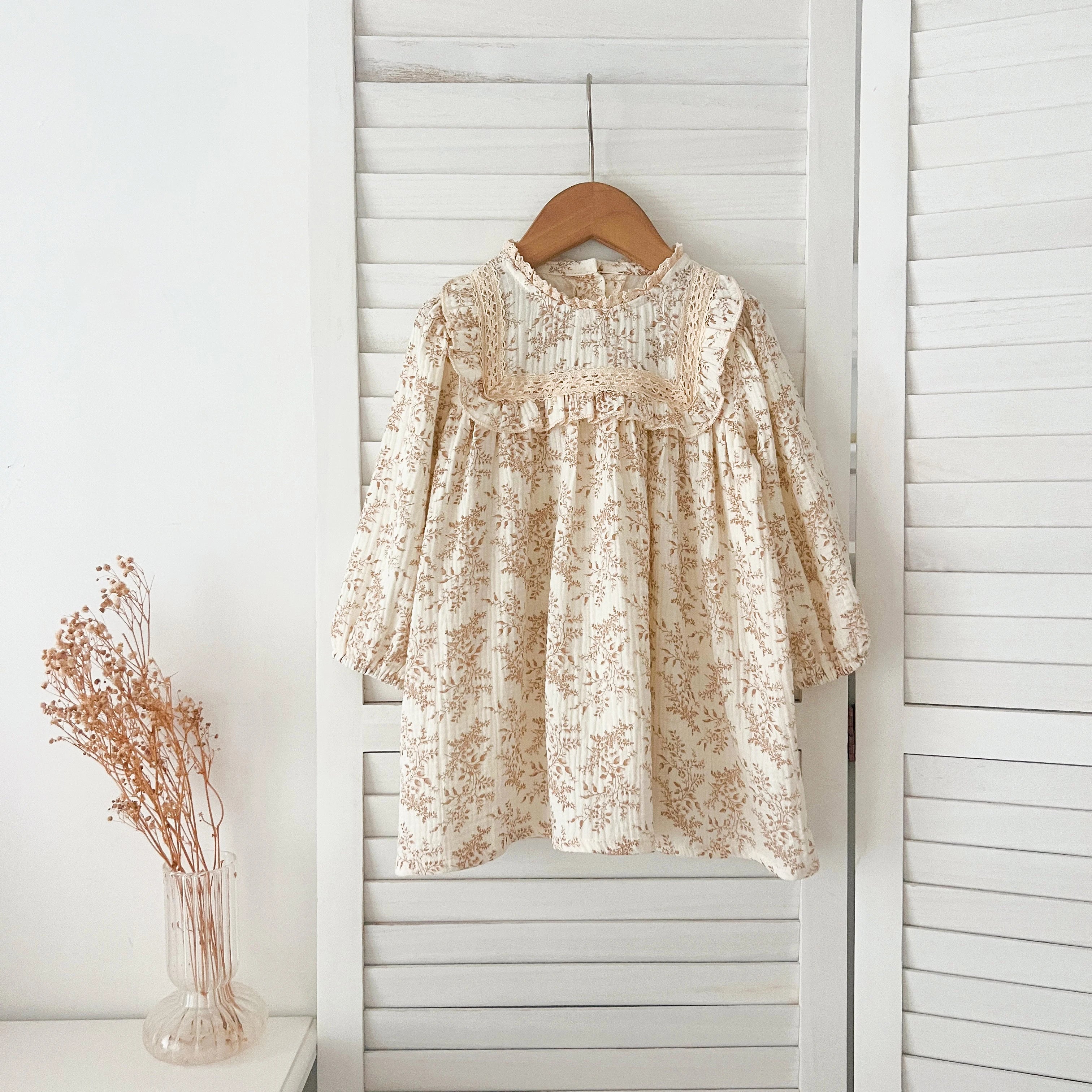 1-6Yrs Girls' Dress Floral Print Lace Girls' Cotton Dress 2025 Autumn New Flower Long Sleeved Sweet Children's Princess Dress