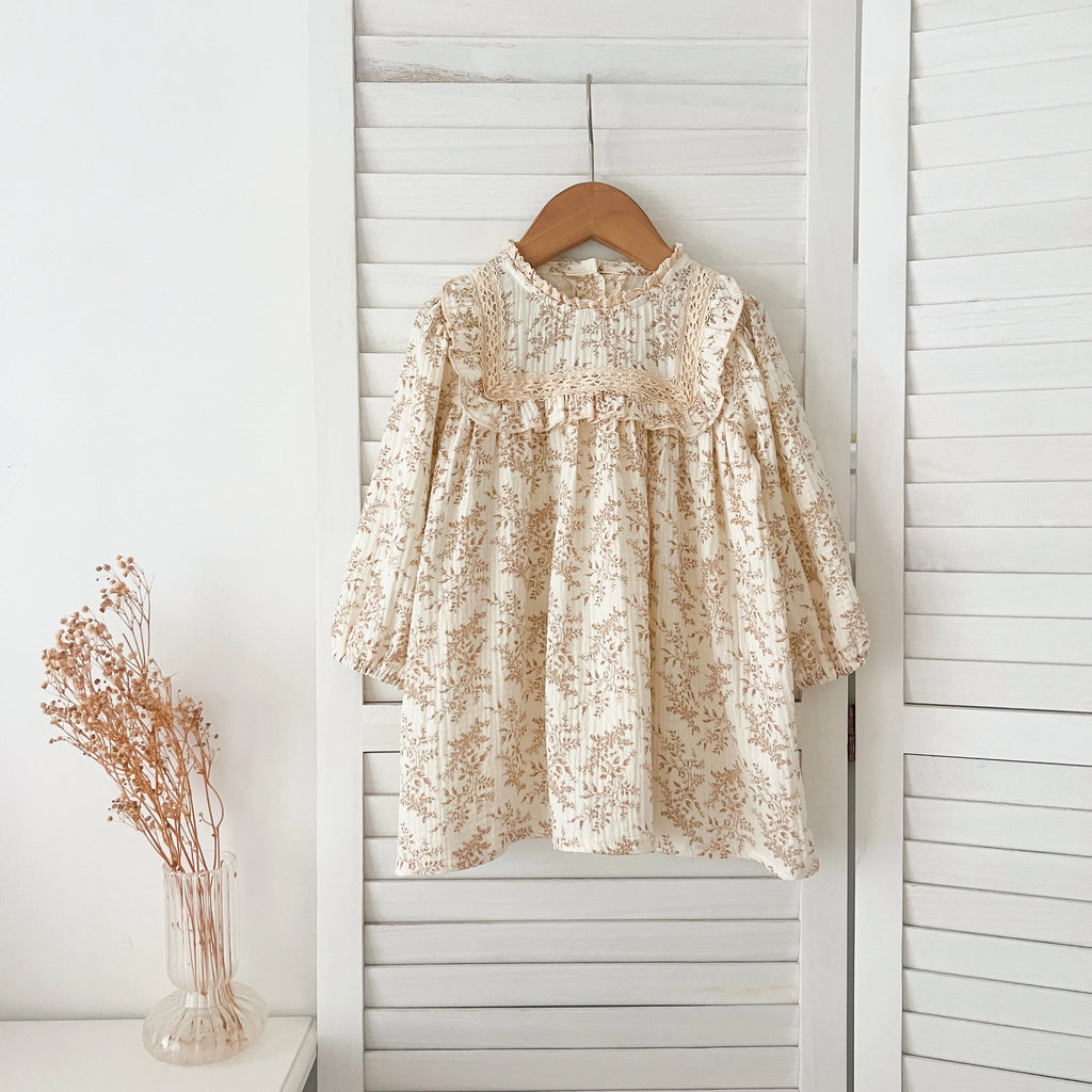1-6Yrs Girls' Dress Floral Print Lace Girls' Cotton Dress 2025 Autumn New Flower Long Sleeved Sweet Children's Princess Dress