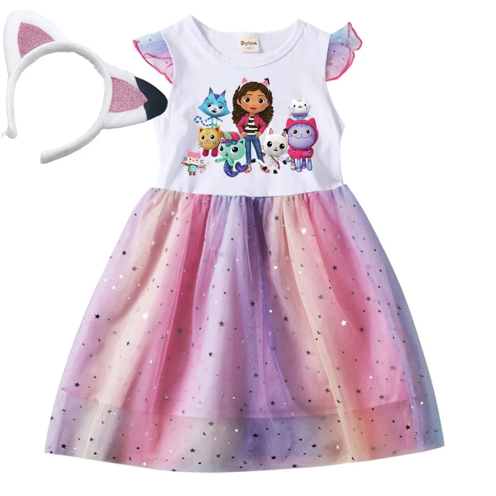 Kids Cats Princess Dress Summer Casual Girls Sequins Rainbow Mesh Dress Children Carnival Wedding Birthday Gifts Party Dress