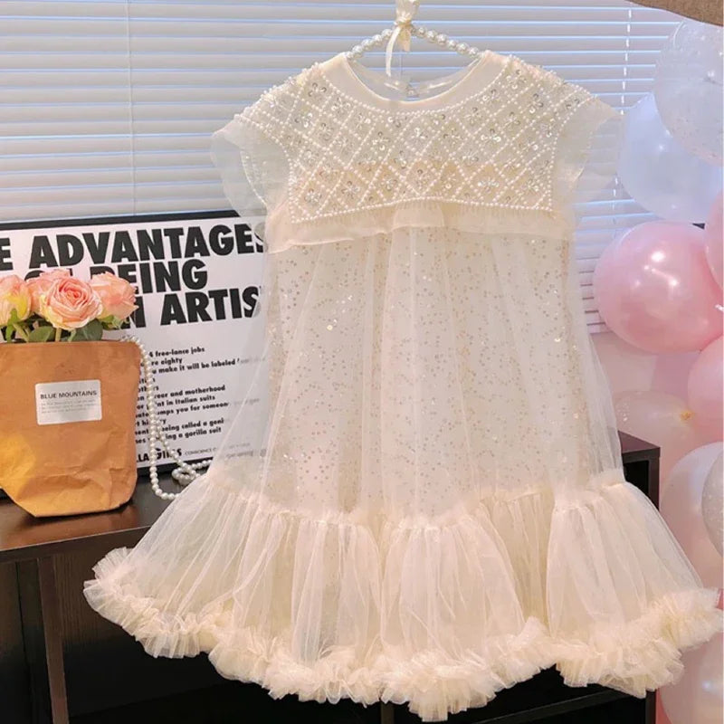 New 2024 Girls Princess Dress Casual Spring Summer Children's Wear Korean Pearl Neck Princess Dress Fashion Yarn Dress