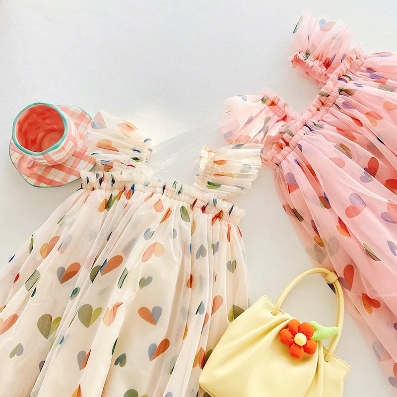 1-7T Toddler Kid Baby Girl Clothes Off Shoulder Heart Print Girls Dress Elegant Summer Sundress Beach Princess Dress Outfit