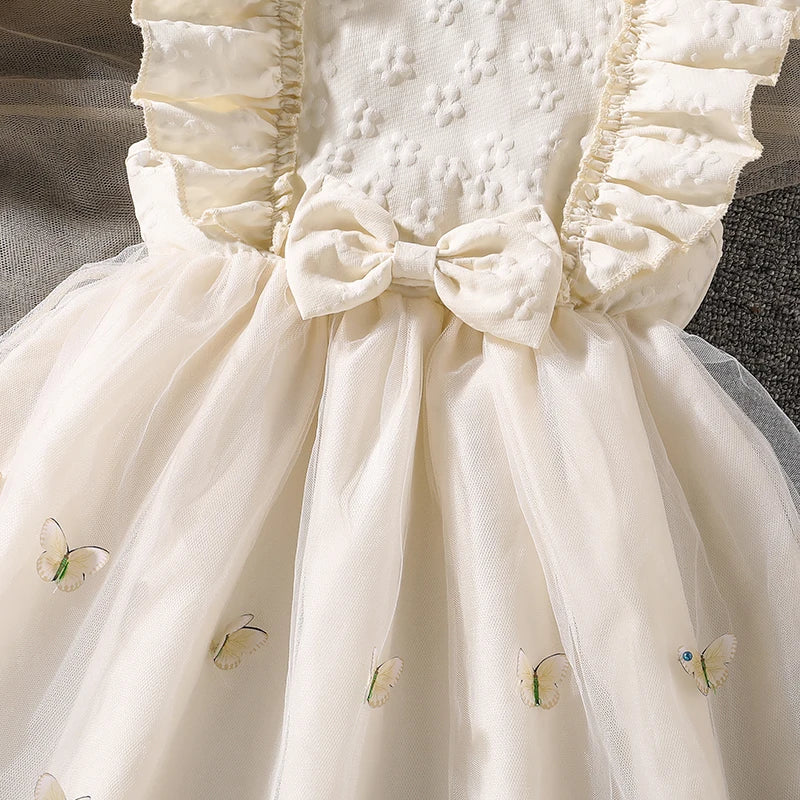 Kids Princess Dress For Girls O-Neck Wing-Sleeve Bowknot Floral Print Embroidery 4-7 Years Summer Sweet Birthday Party Clothing