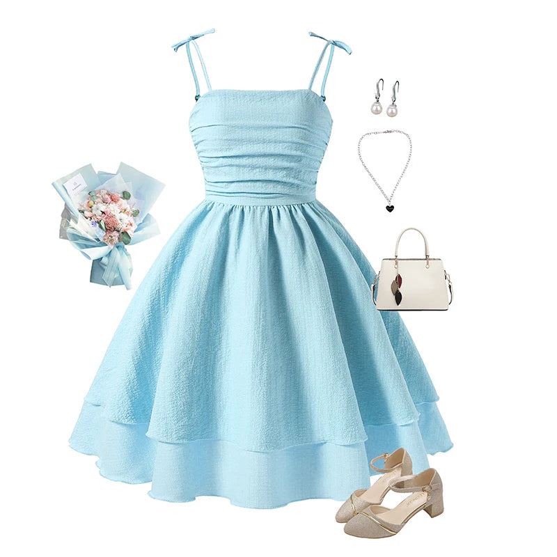 Kids Set Solid Pink Tiered Sling Princess Dress Sweet Style Tween Girls Dress Birthday Party Dating Clothes