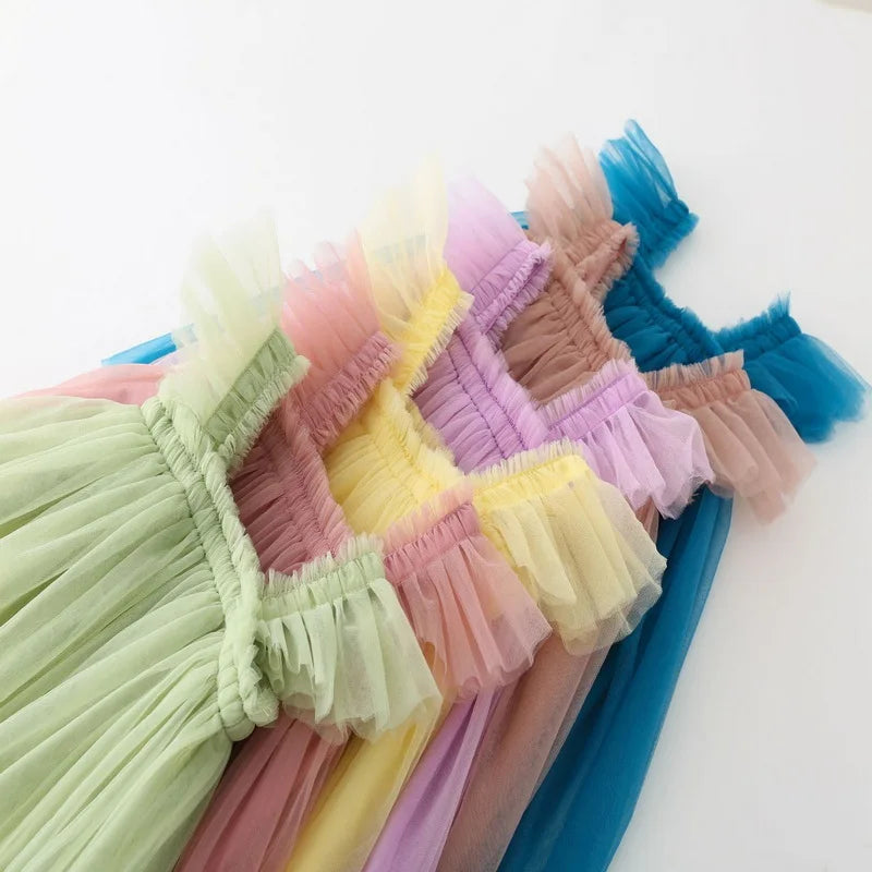 Summer Dress for Baby Girl Sling Sleeveless Square Collar Yellow Purple Pink Blue Green Mesh Princess Dress Child Clothing E2200