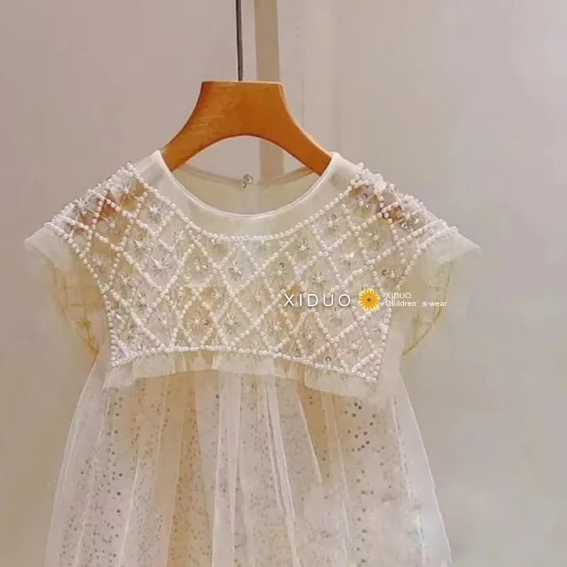 New 2024 Girls Princess Dress Casual Spring Summer Children's Wear Korean Pearl Neck Princess Dress Fashion Yarn Dress