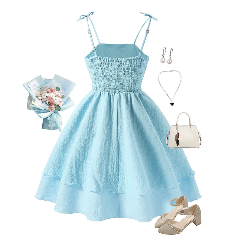 Kids Set Solid Pink Tiered Sling Princess Dress Sweet Style Tween Girls Dress Birthday Party Dating Clothes