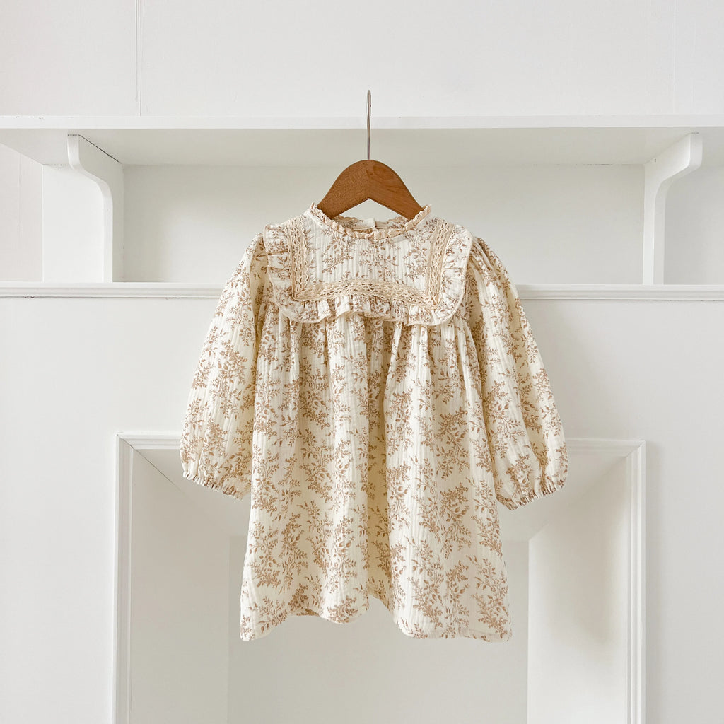 1-6Yrs Girls' Dress Floral Print Lace Girls' Cotton Dress 2025 Autumn New Flower Long Sleeved Sweet Children's Princess Dress