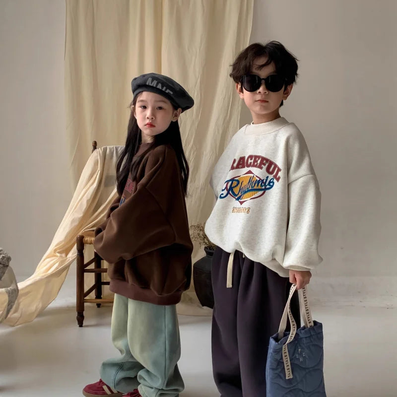 2025 Children Clothing Autumn Winter Baby Boys Girls Fleece Sweatshirt New Kids Letter Print O-Neck Tops Kids Warm Pullover