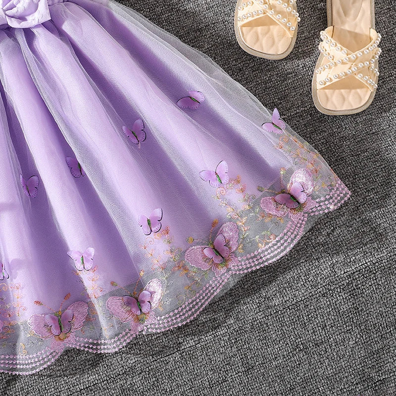 Kids Princess Dress For Girls O-Neck Wing-Sleeve Bowknot Floral Print Embroidery 4-7 Years Summer Sweet Birthday Party Clothing