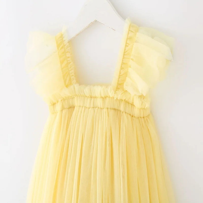 Summer Dress for Baby Girl Sling Sleeveless Square Collar Yellow Purple Pink Blue Green Mesh Princess Dress Child Clothing E2200