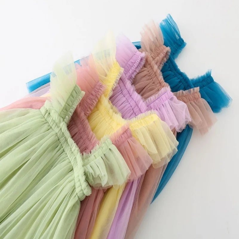 Summer Dress for Baby Girl Sling Sleeveless Square Collar Yellow Purple Pink Blue Green Mesh Princess Dress Child Clothing E2200