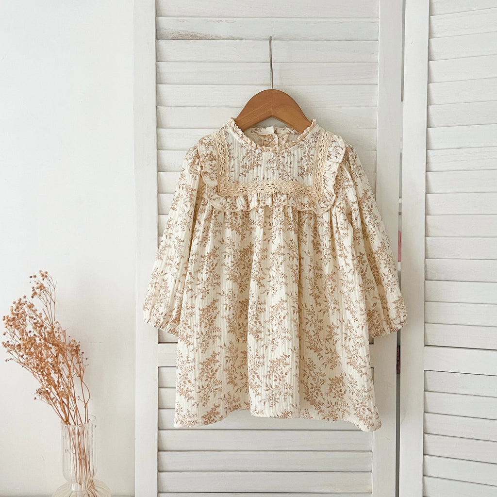 1-6Yrs Girls' Dress Floral Print Lace Girls' Cotton Dress 2025 Autumn New Flower Long Sleeved Sweet Children's Princess Dress