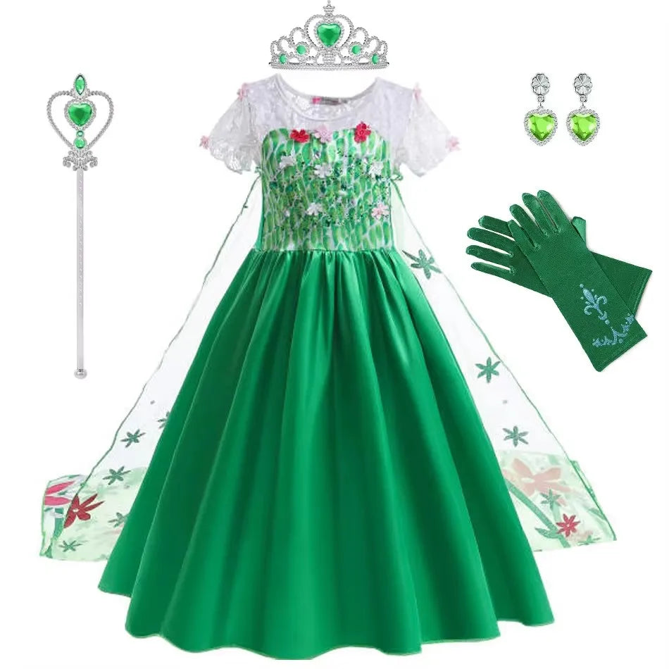 Elsa Costume for Girls Green Fancy Birthday Party Gown Kids Cosplay Princess Dress Carnival Party Children Dresses
