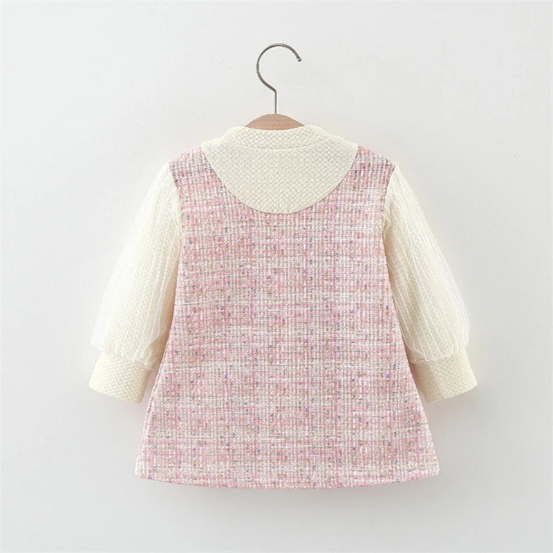 Spring And Autumn New Sweet Bow Baby Girl Princess Dress, Pink Checkered Children'S Clothes For Babies Aged 9 Months To 3 Years