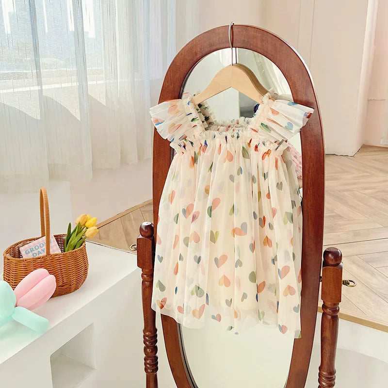 1-7T Toddler Kid Baby Girl Clothes Off Shoulder Heart Print Girls Dress Elegant Summer Sundress Beach Princess Dress Outfit