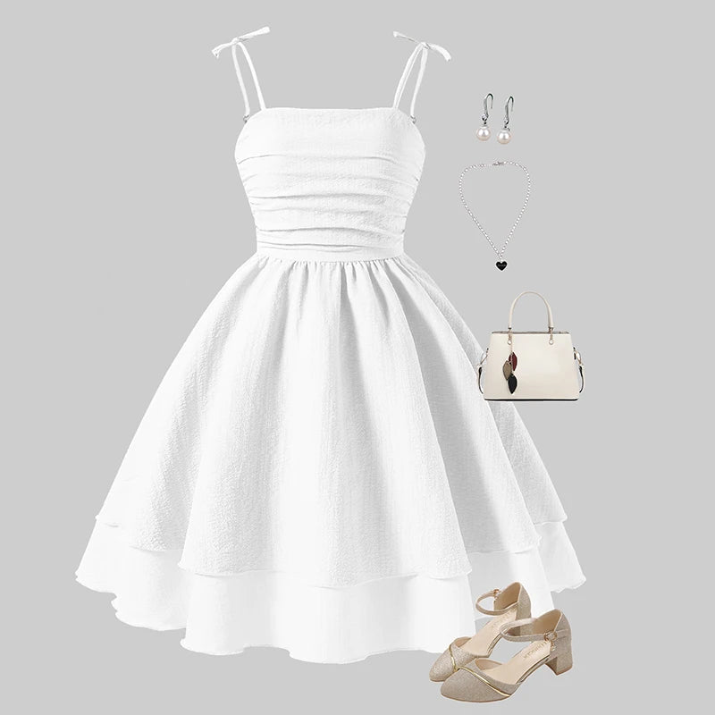 Kids Set Solid Pink Tiered Sling Princess Dress Sweet Style Tween Girls Dress Birthday Party Dating Clothes