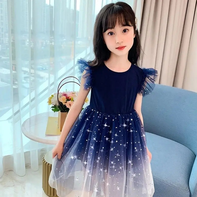 Summer Sleeveless Fashion Gauze Dress Girls Starry Sky Gradient Princess Dress New Years Children's Birthday Party Present